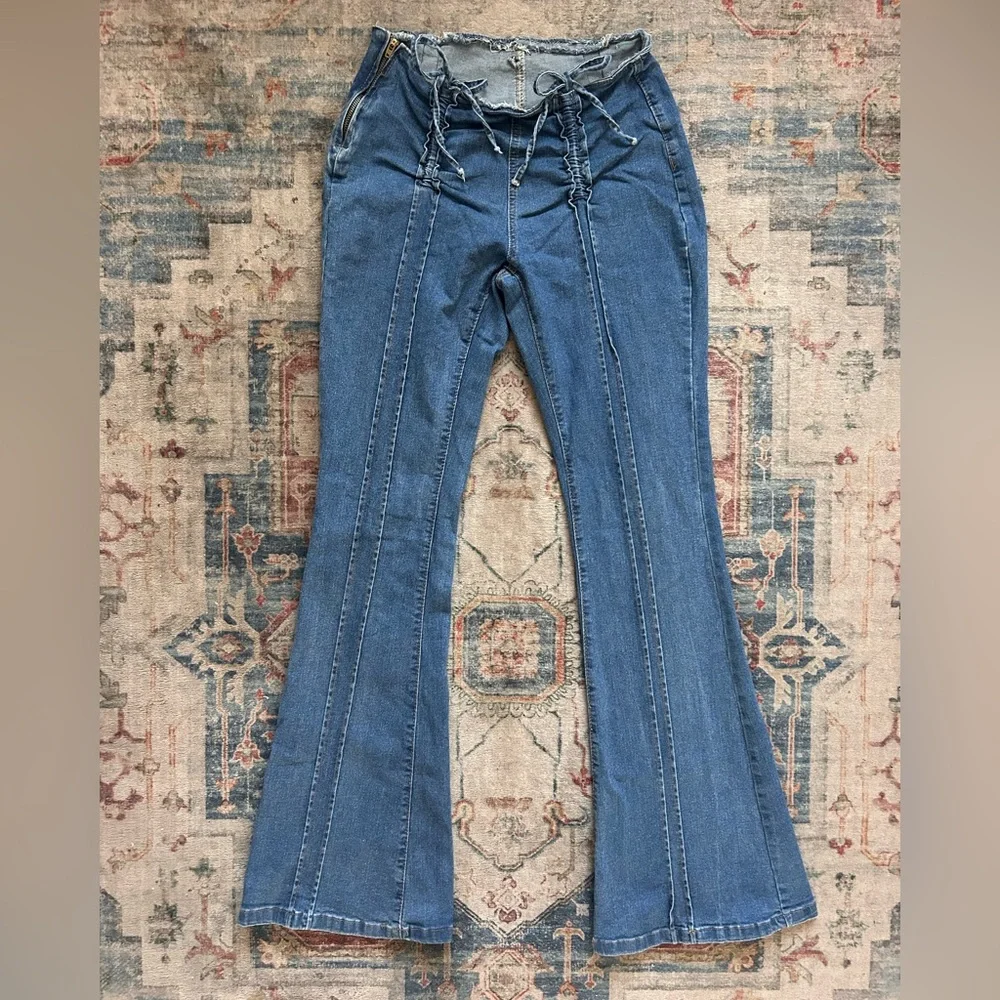 SOLD Wide Leg Flared Bell Bottom Denim Jeans Pants w Bows Low Rise Boho Preppy - Picture 6 of 9